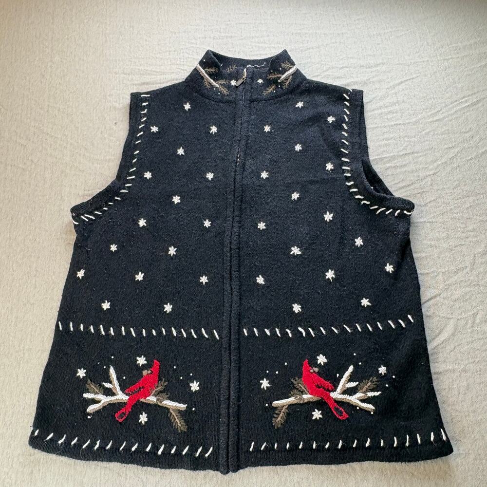 Christopher & Banks Hand Embroidered Sweater Vest Black Red Cardinals Birds M